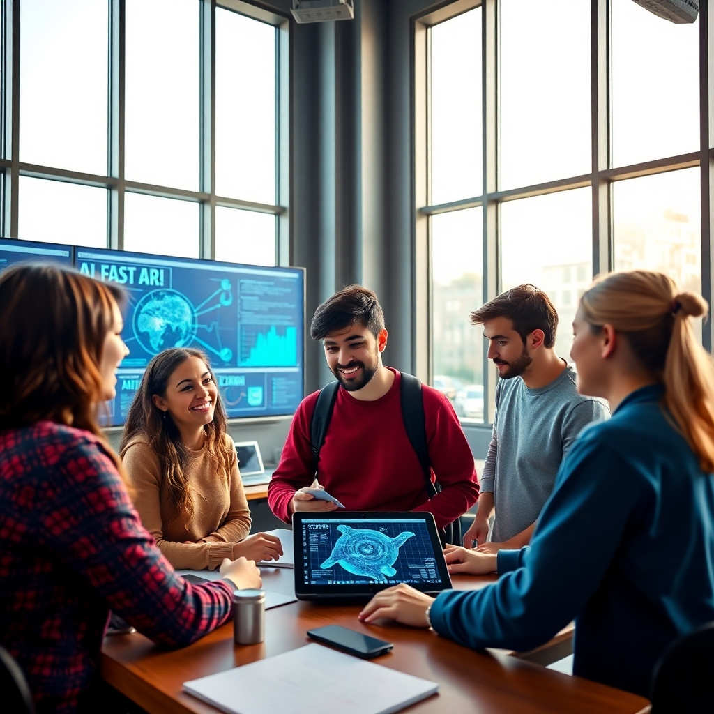A vibrant image of young adults in a high-tech classroom, collaborating on AI projects. The room features interactive displays showcasing real-time data and AI models. Natural light streams through large windows, creating an inviting learning space. The composition highlights teamwork among diverse groups, emphasizing collaboration and creative problem-solving. The camera angle should reflect a sense of possibility and progress, showcasing both technology and young minds engaged in innovation.